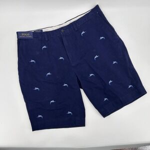 Polo Ralph Lauren Mens Navy Marlin Fish Print Flat Front Shorts Size 38 NWT